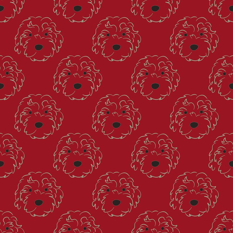 May include: A repeating pattern of dog faces with curly fur and black noses on a red background. The dog faces are outlined in a light beige color.