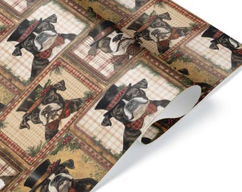 Vintage christmas art boxer dog owner Wrapping Paper, festive holiday Gift Wrap for pet parents, retro plaid pine design