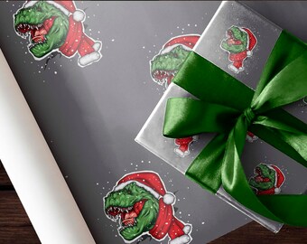 Scary T-Rex Santa Dinosaur Wrapping Paper Gift Wrap Christmas Present Stocking Stuffer Party Decorations for Kids | Sheet or Roll