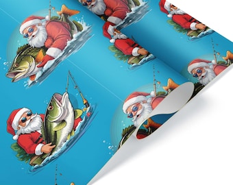 May include: Wrapping paper featuring a repeating pattern of Santa Claus fishing. Each Santa is wearing a red suit, hat, and sunglasses, holding a fishing rod and a large fish. The background is a light blue color.