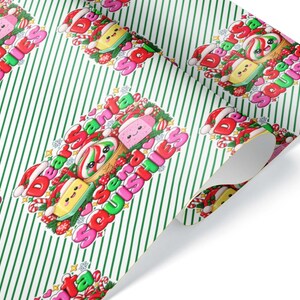 May include: Wrapping paper featuring a repeating pattern of green diagonal stripes and a central graphic with the text Dear Santa Send Squishies. The graphic includes cartoon characters, candy canes, and holly on a white background.