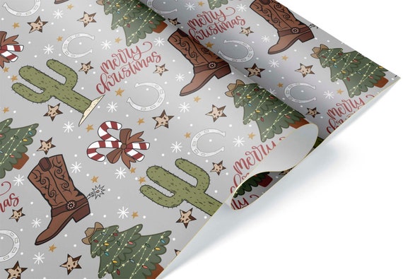 Cute Western Merry Christmas Gift Wrap, Thick Wrapping Paper Roll Sheet,  Cowboy Cowgirl Boots Party Decoration Decor 