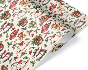 Western Christmas Wrapping Paper: Rustic Cowboy Holiday Gift Wrap, Snowman Gingerbread Satin Sheet or 6-60 ft Roll, Printed in USA