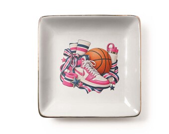 Girls Basketball Jewelry Dish, Stylish High Top Sneaker Ceramic Tray, Striped Sock Waterbottle Sporty Preppy Gift for Her (3.9 x 3.9 inch)