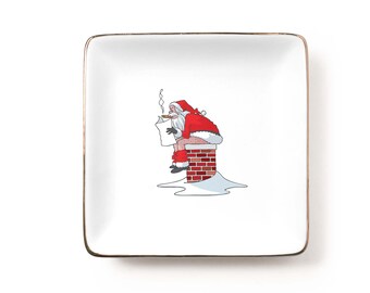 Funny Santa Toilet Humor Jewelry Dish: Cheeky Holiday Ceramic Tray (3.9 x 3.9 inch)