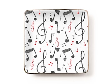 Music Notes Jewelry Dish: Hand Drawn Black and Red Ceramic Trinket Tray, Musician Gift, Piano Teacher Appreciation (3.9 x 3.9 inch)