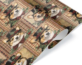 Funny Corgi Vintage Christmas Wrapping Paper, Dog Owner Art Gift Wrap, Retro Holiday Plaid and Gingham Pattern