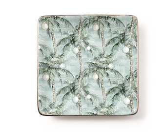 Tropical Christmas Palm Trees Jewelry Dish: Coastal Watercolor Ceramic Tray, Beach Holiday Decor (3.9 x 3.9 inch)