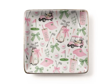 Girls Golf Club Jewelry Dish: Pink Green Preppy Coquette Ceramic Tray (3.9 x 3.9 inch)