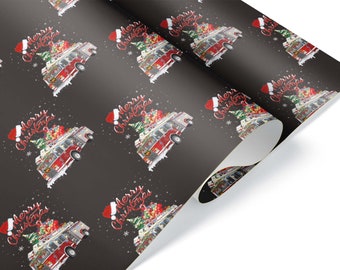 May include: Wrapping paper with a repeating pattern of a red and silver bus decorated for Christmas. The bus has a Santa hat and a Christmas tree on top, with the words "Merry Christmas" in red script.
