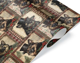 Vintage Christmas German Shepherd Dog Art Wrapping Paper, Tartan Plaid Holiday Gift Wrap for Pet Parents