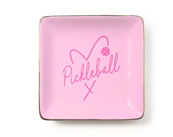 Pickleball Jewelry Dish: Pink Script Heart Ceramic Tray (3.9 x 3.9 inch)