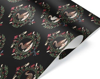 Vintage Folk Art Christmas Goose Wreath Wrapping Paper: Botanical Holiday Gift Wrap, Satin, 20 x 29 Inch Sheet or Roll up to 60 ft