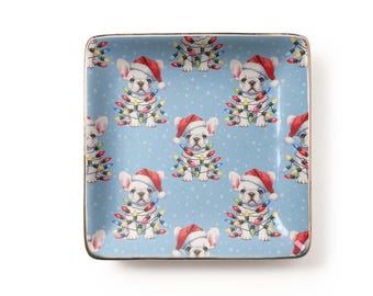 Christmas French Bulldog Jewelry Dish: Cute Watercolor Pattern, Festive Dog Lovers Multicolor Lights Blue Background (3.9 x 3.9 in)