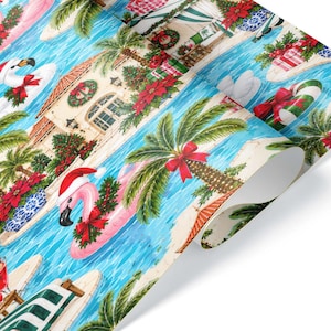 May include: Wrapping paper featuring a repeating pattern of pink flamingo pool floats wearing Santa hats, palm trees with red bows, swimming pools, and red poinsettia flowers. The design includes festive holiday decor and tropical elements.
