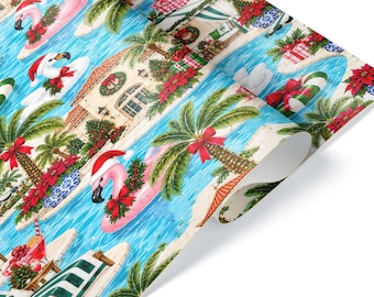 Tropical Resort Christmas Wrapping Paper: Coastal Flamingo Gift Wrap, Poolside Palm Beach Holiday, Sheet or Roll up to 60 ft (29 in wide)