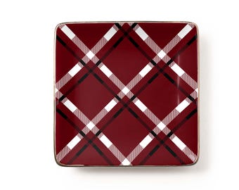 Maroon Plaid Jewelry Dish: Traditional Tartan Ceramic Trinket Tray, Winter Holiday Hostess Gift (3.9 x 3.9 inch)