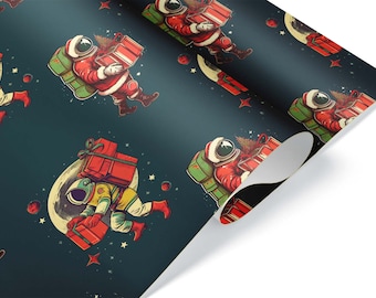 May include: Wrapping paper featuring a repeating pattern of astronauts in Santa Claus suits carrying wrapped gifts. The astronauts are depicted against a dark blue background with stars, planets, and a crescent moon. The gifts are red.