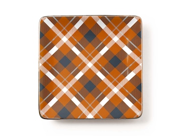Burnt Orange Plaid Jewelry Dish: Diagonal Tartan Ceramic Trinket Tray, Fall Vanity Decor Gift (3.9 x 3.9 inch)