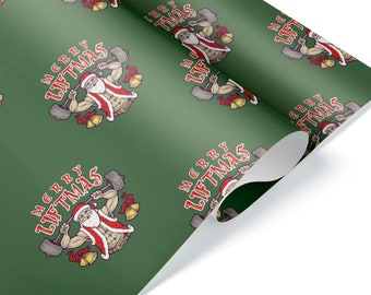 May include: Green wrapping paper with a repeating pattern of a weightlifting Santa Claus and the words "MERRY LIFTMAS" in red. Santa is wearing a red hat and vest, lifting a barbell. Gold bells are also featured.
