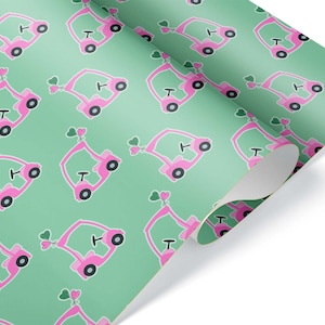 Cute Pink Golf Cart Gift Wrap, Thick Wrapping Paper, Mother's Day Mom Birthday Present, Golf Theme Shower Party Decoration