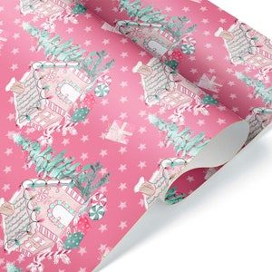 Cute Dark Pink Christmas Wrapping Paper Thick Gift Wrap Peppermint Candy Cane Gingerbread House Holiday Party Decor