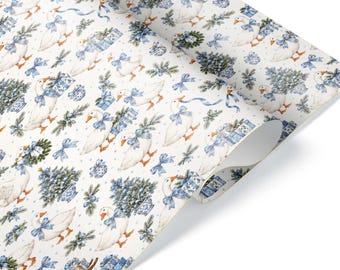 Chinoiserie Christmas Geese Wrapping Paper: Blue and White Holiday Gift Wrap, Whimsical Grandmillennial Satin 20 inch Sheet to 60 ft Roll