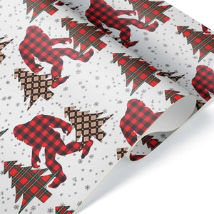 Festive Buffalo Plaid Sasquatch Xmas Luxury Gift Wrap, Christmas Tree Cryptid Theme Thick Wrapping Paper, Bigfoot Xmas Decoration