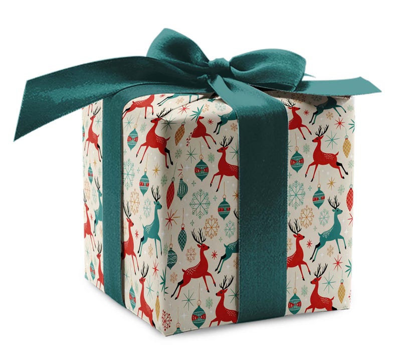 May include: A wrapped gift box with a teal bow and ribbon. The gift wrap features a pattern of red and teal reindeer, snowflakes, and ornaments on a cream background. The box is square-shaped.