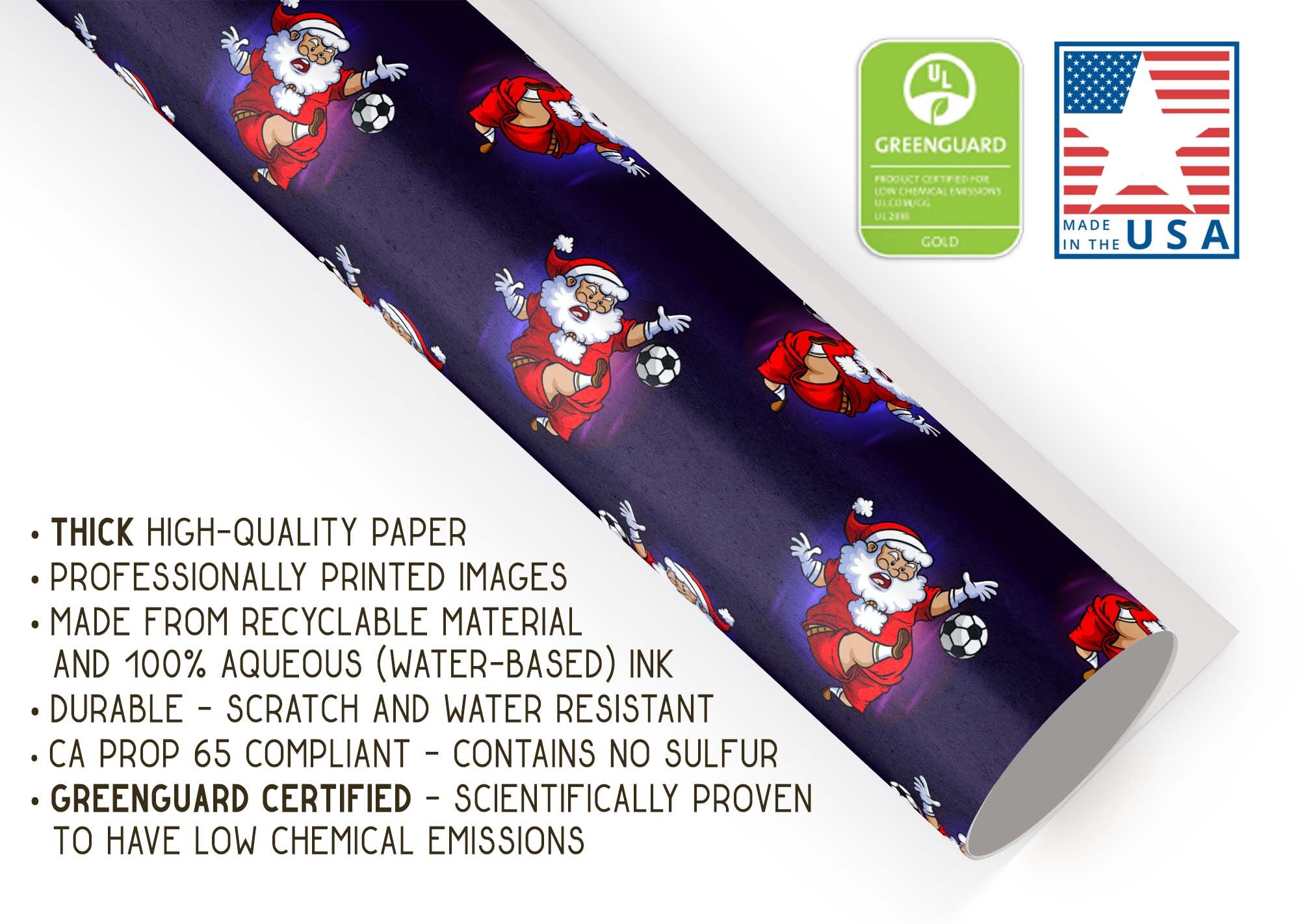 Funny Santa Soccer Gift Wrap, Thick Wrapping Paper, Futsal Ball