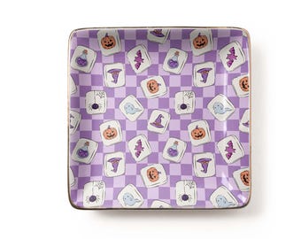 Halloween Mahjong Jewelry Dish: Purple Checkerboard Ceramic Trinket Tray, Game Night Host Gift (3.9 x 3.9 inch)