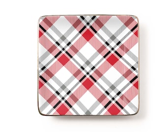 Classic Red Plaid Jewelry Dish: Scarlet Tartan Ceramic Trinket Tray, Cozy Winter Hostess Gift (3.9 x 3.9 inch)