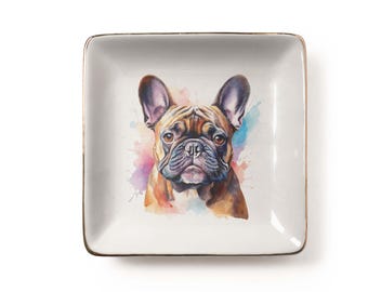 Watercolor French Bulldog Jewelry Dish: Frenchie Ceramic Trinket Tray, Dog Lover Gift, Pastel Vanity Decor (3.9 x 3.9 inch)