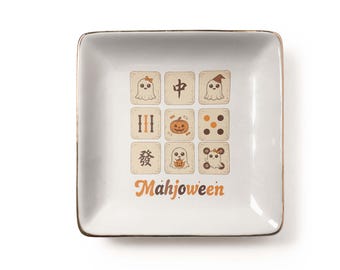 Mahjoween Halloween Mahjong Jewelry Dish: Cute Ghost Ceramic Trinket Tray, Fall Game Night Gift (3.9 x 3.9 inch)