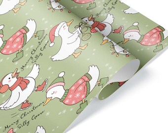 Merry Christmas Silly Goose Wrapping Paper, Cute Cartoon Winter Animal Gift Wrap, Satin Sheet or Roll to 60 ft, Printed in the USA