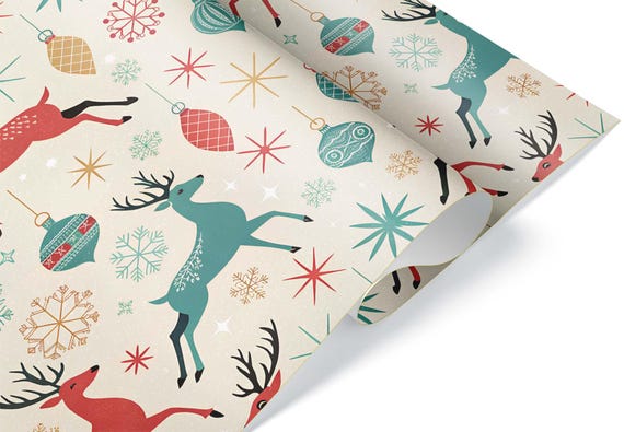 Atomic Reindeer Vintage Wrapping Paper, Mid-Century Modern Gift Wrap, Retro Christmas Collectible Style