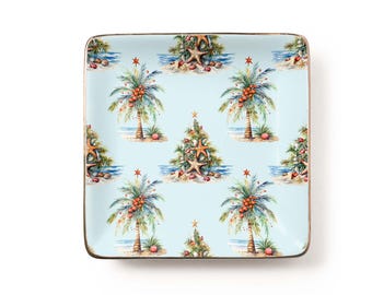 Coastal Christmas Palms Jewelry Dish: Tropical Beach Ceramic Tray for Ocean Lovers, 3.9 x 3.9 inch