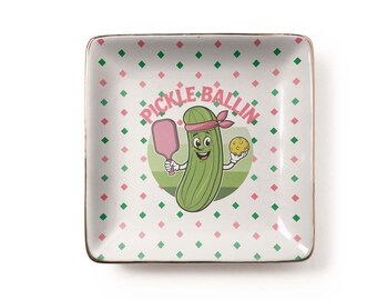 Pickle Ballin Jewelry Dish: Retro Pickleball Pun Gift, Pink Green Ceramic Tray (3.9 x 3.9 inch)
