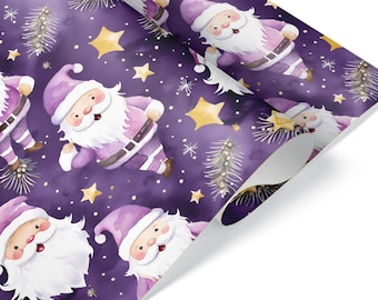 May include: A roll of wrapping paper featuring a repeating pattern of Santa Claus figures in pink and purple, gold stars, and sprigs of pine on a dark purple background. The paper is partially unrolled, revealing the design.