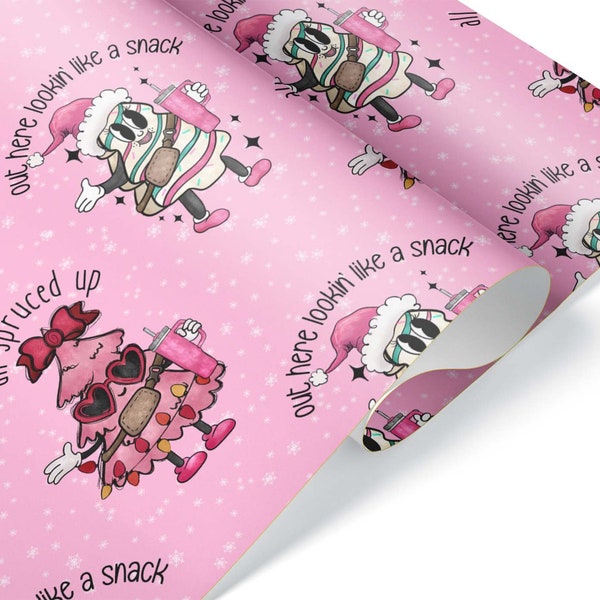 All Spruced Up Christmas Gift Wrap, Pink Lookin Like a Snack Cake Thick Wrapping Paper for Her, Cute Trendy Xmas Present