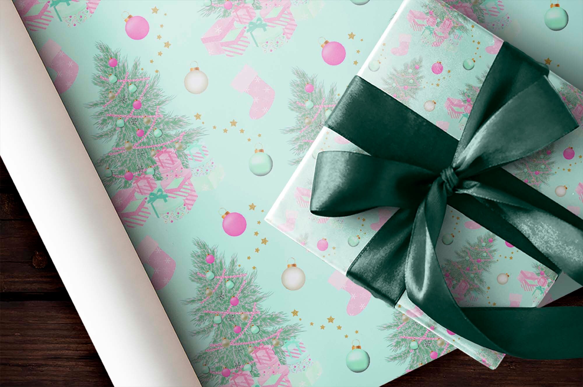 Christmas Wreath Holiday Wrapping Paper Thick Matte Luxury Gift Wrap Cute  Evergreen Mint Light Green Xmas Aesthetic 