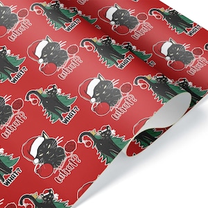 May include: Red wrapping paper with a repeating pattern of black cats wearing Santa hats and holding Christmas tree branches. The word "what?" is written next to each cat. A festive design for the holiday season.