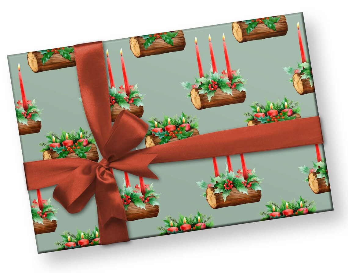 Beautiful Watercolor Yule Log Gift Wrap, Yuletide Wrapping Paper Roll ...