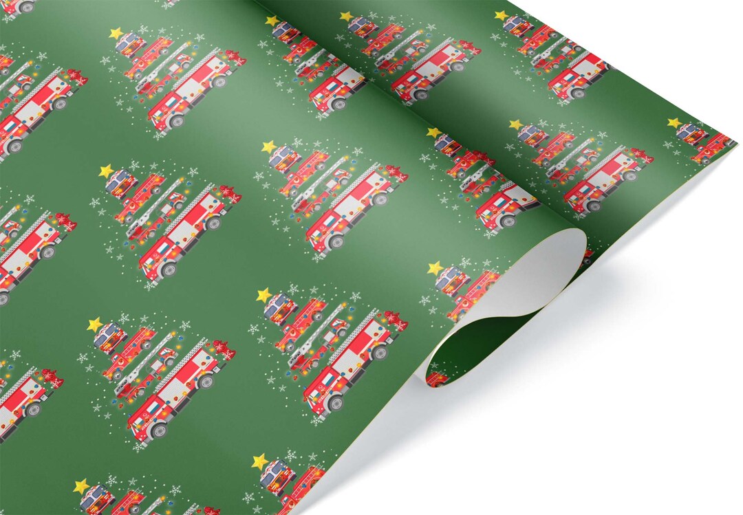Cute Fire Truck Christmas Tree Wrapping Paper, Firefighter Holiday Gift