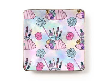 Kawaii Makeup Essentials Jewelry Dish: Pink Cosmetic Print Ceramic Tray, Beauty Lover Gift for Her (3.9 x 3.9 inch)