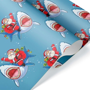 Funny Santa Shark Gift Wrap, Thick Christmas Wrapping Paper, Ocean Lover Present, Sea Animal Party Decorations