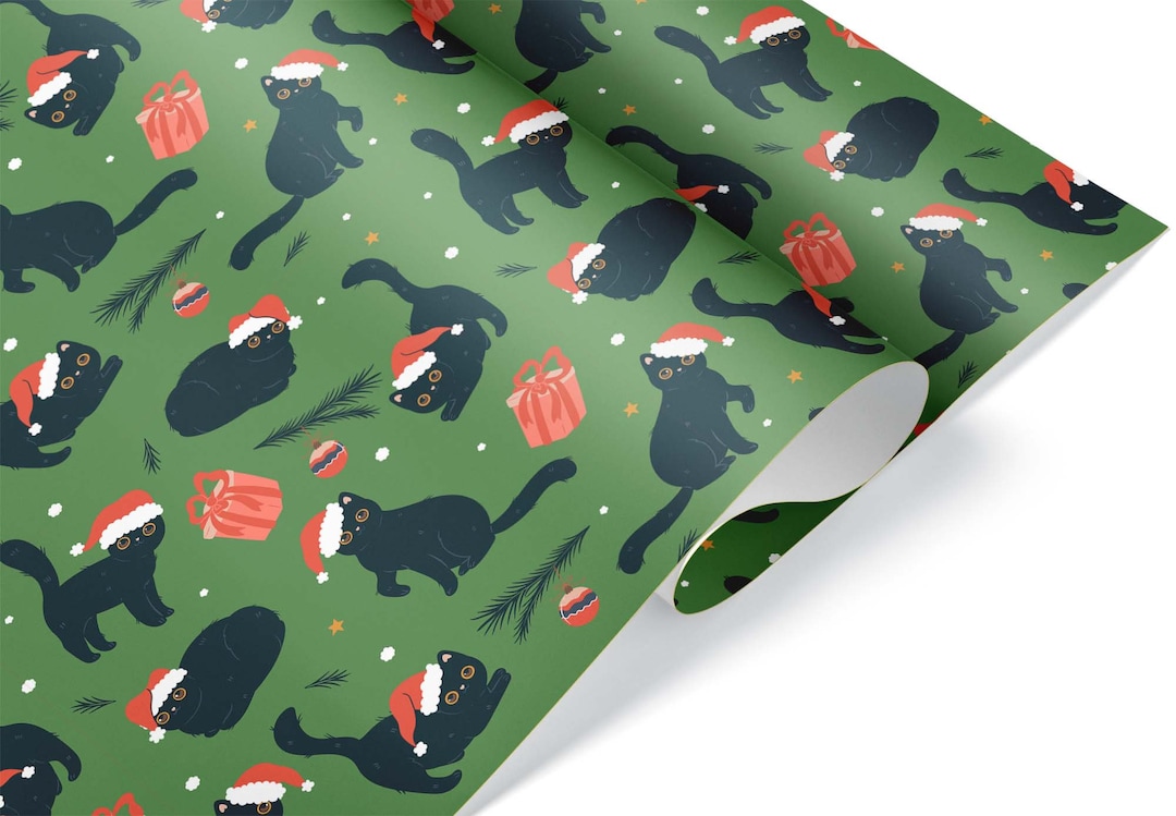 Cute Black Cat Thick Wrapping Paper, Christmas Theme Holiday, Winter