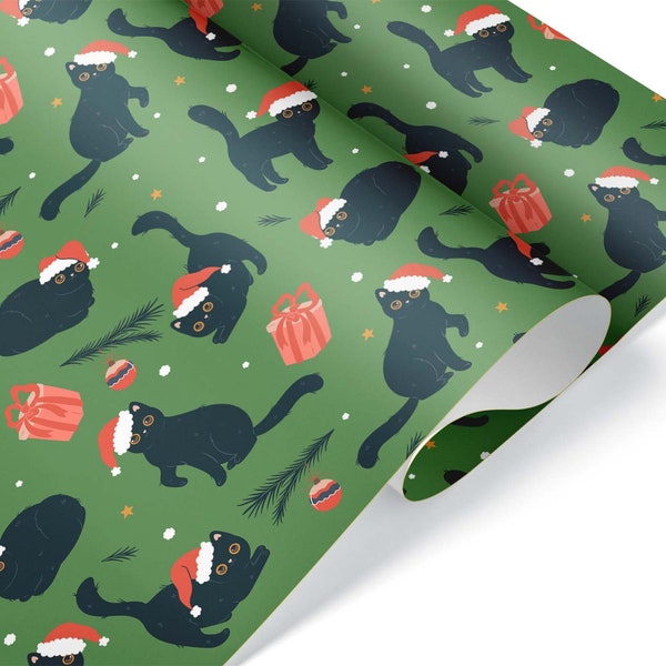 Cute Black Cat Thick Wrapping Paper, Christmas Theme Holiday, Winter Decor Theme, Santa Kitty