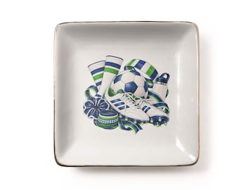 Soccer gear Jewelry Dish, green navy white ball pair stylish cleats waterbottle striped socks head band, ceramic tray for her (3.9x3.9 inch)