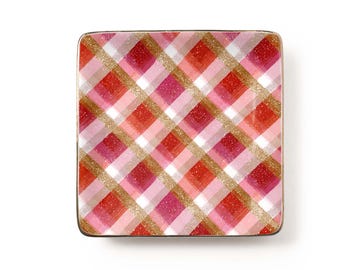 Pink Red Gold Faux Glitter Plaid Jewelry Dish: Glam Preppy Ceramic Tray, Gift for Her, Vanity Decor (3.9 x 3.9 inch)
